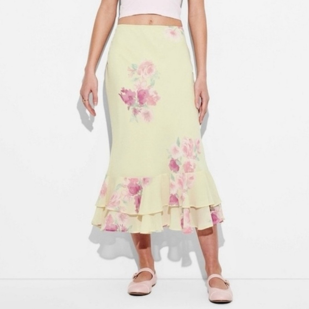 Wild Fable Floral Midi Skirt - Cream and Pink xxl